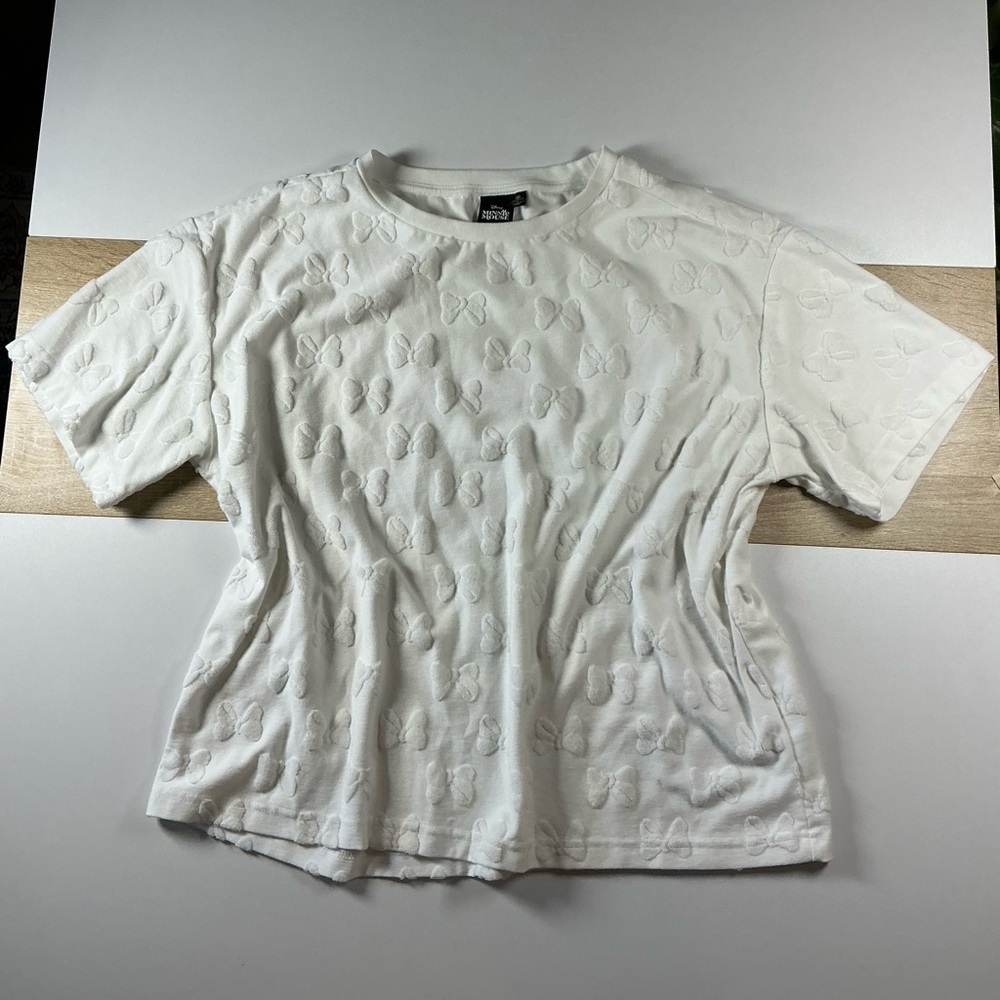 Disney White Minnie Mouse Bow Embroidered Tee Sz L